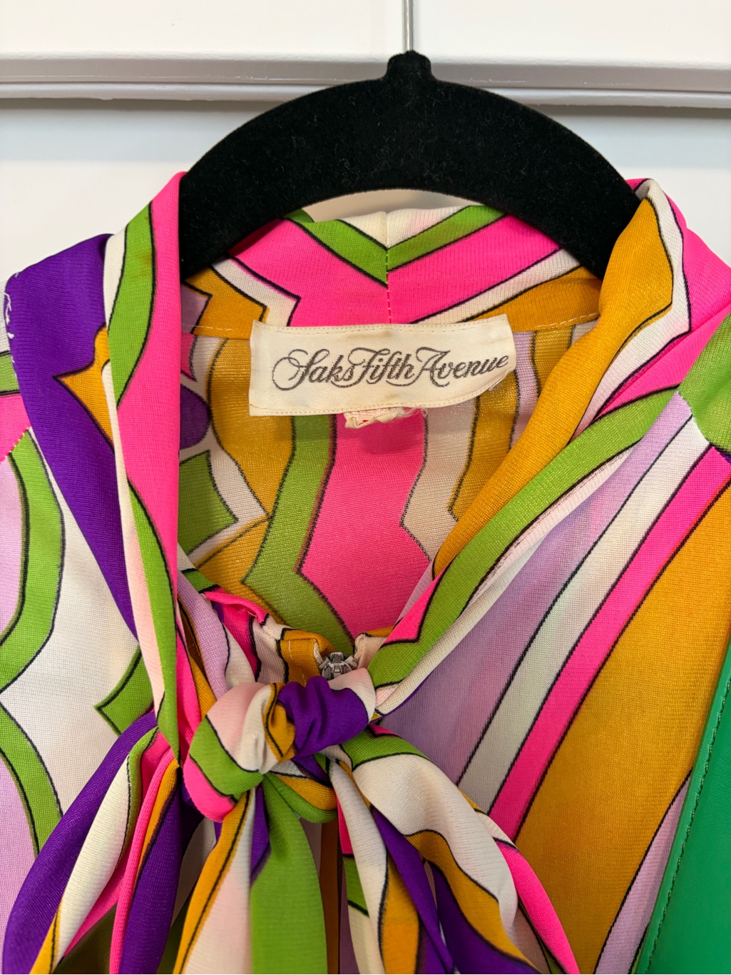 Vintage Saks Fifth Avenue Bright Multicolor Geometric Tie-Neck Blouse